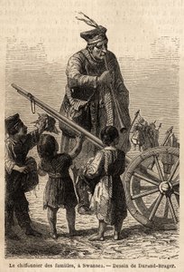 Familjelapp i Swansea. Teckning av Durand Brager, för att illustrera ett besök på de stora fabrikerna i Wales 1862, av L.Simonin. Gravyr i "" Le tour du monde"", redigerad av Edouard Charton av Unknown artist