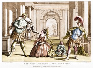 Farinelli (Carlo Broschi, dit; 1705 - 1782) med sopranen Cuzzoni och kastraten Francesco Bernardo Senesino (1680 - 1750) i opera av George Frederick Handel (Georg Friedrich Handel av Unknown artist