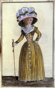 Mode: elegant ung kvinna med käpp. 1787 av Unknown artist