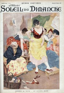 Mode sent 1800-tal: nya skor från Venedig. Kvinnor som provar skor från den italienska staden. Gravyr i ”” Le sun-du-dimanche””, 8 oktober av Unknown artist