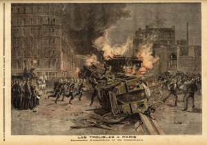 Brand av omnibusar och spårvagnar i Paris: en brutalt förtryckt studentdemonstration förvandlas till ett allmänt upplopp. Gravyr i "" Le petit journal"" 1893-07-22. Selvas samling. av Unknown artist