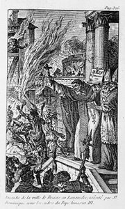 Brand i staden Béziers i Languedoc, avrättad av Saint Dominica under order av påven Innocentius III i "Religionens brott" av Unknown artist