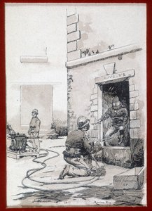 Brandmän: brandutrustning från källare. gravyr sd. 1800-talet av Unknown artist