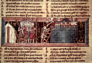 Första korståget: "Korsstågen som anländer före Jerusalem". Miniatyr från "" Chevalier au Swan et Godefroi de Bouillon"" av Unknown artist