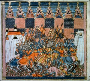 Första korståget: belägringen och intagandet av Jerusalem av korsningarna ledda av Godefroy de Bouillon (1058-1100) 1099. Miniatyr från "Chronicles d