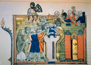 Första korståget: Godefroi (eller Godefroy) av Bouillon (1058-1100) i ett runt torn attackerade Jerusalem 1099. Miniatyr från "" Roman De Godefroy De Bouillon et de Saladin" av Unknown artist