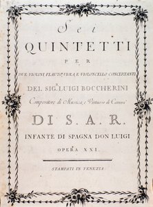 Första sidan av musikpartituren av "" Sex kvintetter för två violiner, violaflöjt och cello "" av Luigi Boccherini av Unknown artist