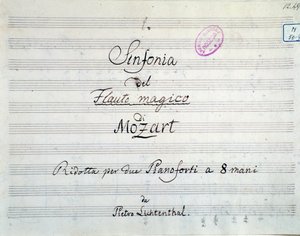 Första sidan av symfonipartituren reducerad till två pianon och åtta händer av Die Zauberflote, opera av Mozart, Lichtenthal-version (1800-talet) av Unknown artist