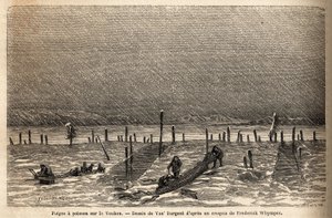 Fiskfällor, placerade på stranden av Yukonfloden (extrema norra Kanada). Gravyr för att illustrera resan och äventyren i engelska Colombia, Vancouver Island och Alaska, av Frederick Whymper av Unknown artist