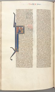 Fol. 412v, Lukas, historiserat initialt F, Lukas ber vid ett altare, byst av Gud ovanför av Unknown artist