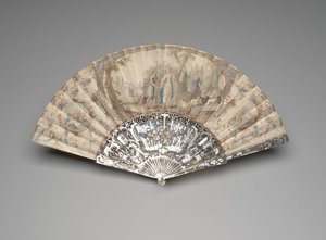 Vikbar solfläkt med Jacob möter Rachel vid brunnen, ca 1760-70-tal (gouache och akvarell på enstaka pergamentblad, pärlemor, förgyllning och klistra ädelstenar) av Unknown artist
