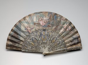 Vikbar fläkt med "Rinaldo och Armida", efter François Boucher, ca 1734-50 (gouache & w/c på dubbelt veläng & pappersblad, pärlemor, förgyllning & klistra ädelstenar) av Unknown artist