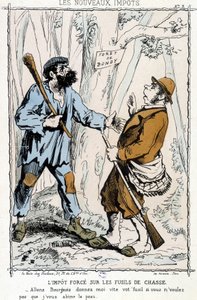 Tvångsskatt på hagelgevär: "Låt oss bli borgerliga, ge mig din pistol snabbt om du inte vill att jag ska förstöra din hud" - karikatyr om de "nya skatterna" av Unknown artist