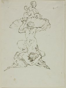 Fontän med Satyr och Putto (recto); Punchinello (verso) av Unknown artist