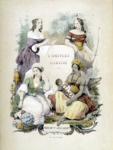 Fyra kvinnor som representerar världens fyra hörn - frontispice av "The Illustrated Universe: Living Geography", av Alfred des Essarts av Unknown artist