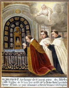 Fr ärkeängeln av St Joseph, Prior of the Billettes, besöker kyrkan Saint Anne på order av drottning Mary Leszczynska, hustru till Ludvig XV för att be Gud om en delfins födelse, 28 juni 1729 - Ex-Voto Sainte Anne d