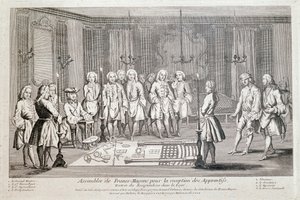 Freemaking: "Assembly of Francs Macons för antagning av lärlingar" Ceremoni för mottagarens inträde i logen. Han rör sig framåt, med randiga ögon, guidade av den andra handledaren, mot Stormästaren (sitter till vänster). På th av Unknown artist