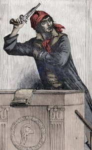 Franska revolutionen: Porträtt av Jean Paul Marat (1743-1793), Montagnard-deputerad vid konventet, grenar en pistol vid podiet - av Unknown artist
