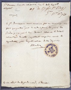 Franska revolutionen: handskrivet brev daterat 1793-02-26 från en denomme Merlin om erövringen av staden Breda i Holland den 24 februari av general Dumouriez. Institutionsarkivet för Nord Lille av Unknown artist