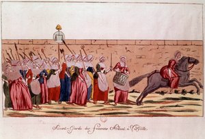 Franska revolutionen 1789: avantgarde des femmes på väg till Versailles den 5 oktober 1789. Gravyr från 1700-talet. Paris, B.N. av Unknown artist