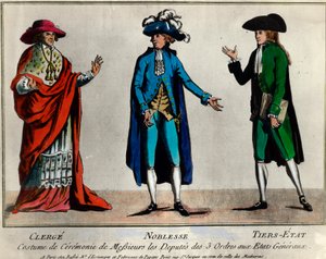 Franska revolutionen: representation av deputerade för de tre orden i Generalstaterna i ceremoniell kostym: prästerskapet, adeln och den tredje staten (tredje staterna). Tryck från slutet av 1700-talets privatsamling av Unknown artist