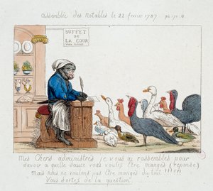 Franska revolutionen: "" the Assembllee des notables du 22 februari 1787"" Karikatyr som representerar kung Ludvig XVI i apkock som presiderar över en församling bestående av kalkoner, höns, gäss och kalkoner. Teckning av 1700-talet. Paris Musée Carnavalet av Unknown artist