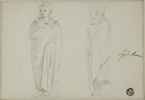 Framifrån och från sidan av statyn av pojken klädd i Toga av Unknown artist