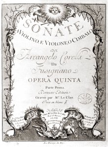 Frontispice av 12 sonater för violin, bas och cembalo av Arcangelo Corelli (1653 - 1713). Fransk version. av Unknown artist
