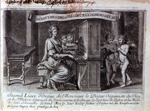 Frontispice av den andra orgelboken av herr Nicolas Lebègue. Fransk tonsättare 1631 till 1702. Organist tjänar Ludvig XIV. Paris BNF av Unknown artist