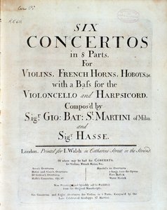 Frontispice av partitur av sex konserter i 8 delar av GB Sammartini och J A Hasse av Unknown artist
