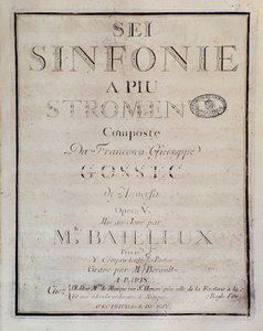 Frontispice av partituret till Sei sinfonie a piu strumenti op. 5 (första symfonin) av Francois Joseph Gossec av Unknown artist