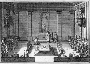 Begravning av en påve på 1700-talet: ceremonin för obseques. Gravyr i "Histoire des religions"". av Unknown artist