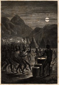 Begravningsceremoni bland Lakutas (stam belägen i Upper Nile-regionen), trummor och rituella danser i månskenet. Engravure pour illustration le voyage au lac Albert, en 1861-1864, av Sir Samuel White Baker, i "Le tour du monde, nouveau journal des av Unknown artist