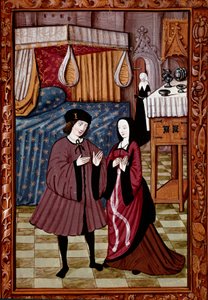 Galant möte i ett sovrum Förmodligen kärleken till Jean III de Brush och Louise de Laval. Miniatyr från manuskript ms. 1475 av Unknown artist
