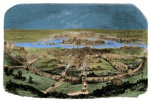 Översikt över Paris med inhägnad under Philippe Auguste, gravyr 1800-talet av Unknown artist