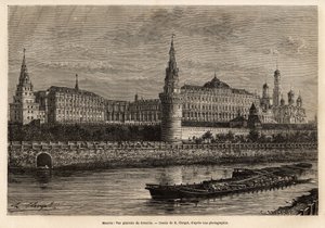 Generell bild av Kreml, Moskvas geografiska centrum och Rysslands politiska centrum, grannskapet som byggdes på 1300-talet har alltid byggts ut och restaurerats i hela landets historiska peripetier. Gravyr för att illustrera La Rus av Unknown artist