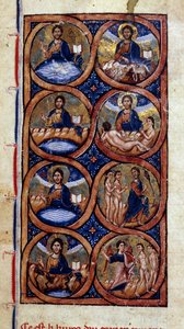 Genesis: representation av de olika stadierna av världsskapandet (kosmogonin). Miniatyr från ett manuskript "Universal History""" 1200-talet. Dijon kommunala bibliotek av Unknown artist
