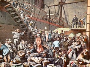 Tyska emigranter för New York som går ombord på Hamburgs ångbåt 1874, gravyr - (Deutsche Emigranten) av Unknown artist