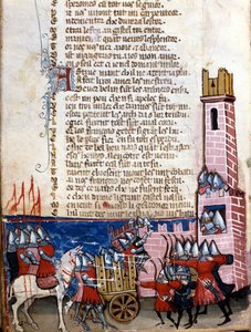 Gester sång: stridsscen nära en befäst stad. Karl den Stores trupper (742-814) stred mot Spaniens morer. Miniatyr hämtad från det fransk-italienska manuskriptet "Entreée d