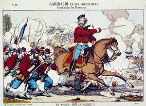 Giuseppe Garibaldi (1807-1882) kämpar med sina frivilliga mot preussarna. ”Fram, leve Frankrike” Omkring 1871. Gravyr B.N. Paris av Unknown artist