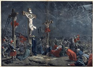 Långfredag: Jesu Kristi korsfästelse (Jesus Kristus). Illustration i "" le Pelerin"" den 3 april av Unknown artist