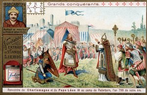 Stora erövrare: porträtt av Karl den Store (742 eller 747-814) och hans möte med påven Leon III (750-816) i Paderborn-lägret (Tyskland), 799 - Liebig-kromolitografi av Unknown artist