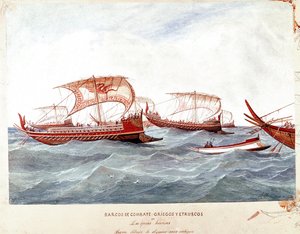 Grekiska och etruskiska krigsskepp (akvarell av Unknown artist