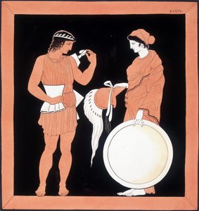 Grekisk mytologi: Andromaque presenterar vapnen för sin man. av Unknown artist