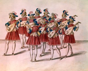 Grupp musiker som spelar lut. Akvarell och penna av Daniel Rabel (1578-1637) från albumet "Chateau de Bicetre" 1600-talets Paris, Louvren av Unknown artist