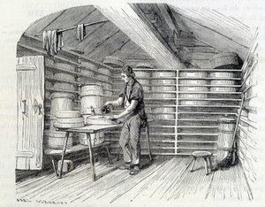 Gruyère ostbutik i en schweizisk chalet (tvättar skorpen) - i "" Industrins underverk"" av Louis Figuier av Unknown artist