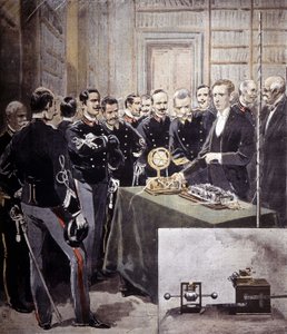 Guglielmo Marconi presenterade den trådlösa telegrafen (TSF) vid en konferens på ministeriet för marinen 1897. av Unknown artist