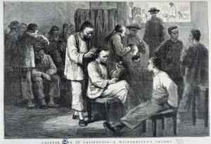 Frisörsalong i det kinesiska samhället Kalifornien - gravyr av Unknown artist