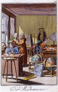 Handgjord metier: mekanikern med precisionsinstrument i sin verkstad. I "" Omfattande beskrivning av konsthantverk och workshops för unga"" av Johan Peter Vue. Ed. Nürnberg, Weigel och Schneider av Unknown artist