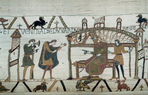 Harold, som återvände till England, efter sin ambassad hos hertigen Vilhelm Erövraren (1027-1087), reciterade sin resa till kung Edward Bekännaren. Detalj av Bayeux-tapet eller broderi av drottning Mathilde av Unknown artist